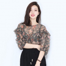2017夏装新款女装碎花雪纺衫五分袖短款宽松显瘦上衣仙女百搭小衫